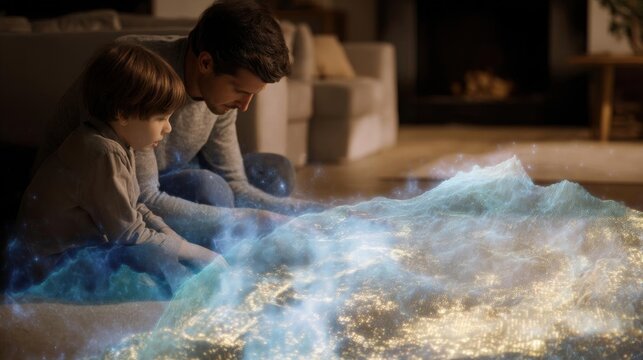 Father and son sitting on the floor in a living room, playing with a large blue and gold glittery object. the object appears to be floating in the air, creating a magical and whimsical scene.