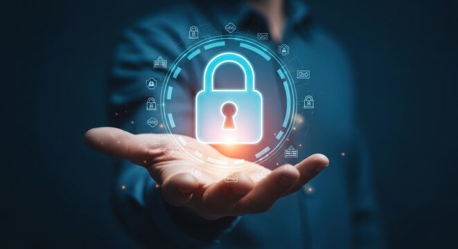 A person holding a glowing blue padlock with various security icons surrounding it in a circular pattern on their palm