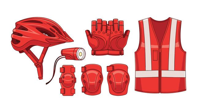 A collection of red cycling safety gear including a helmet, gloves, pads, light, and vest is arranged on a white background.