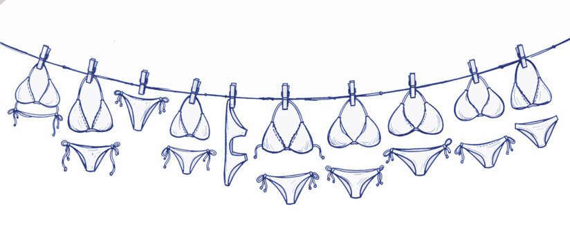 Bikinis hanging on a clothesline with clothespins. Hand drawn line art vector illustration. Summer swimwear laundry concept isolated on transparent background