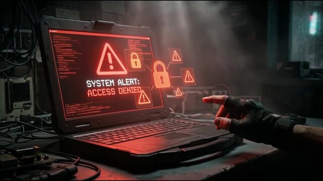 digital warning alert displayed on laptop with document icons, representing system risk, data threat, cyber alerts, file security issues, online protection challenges in modern digital environments.