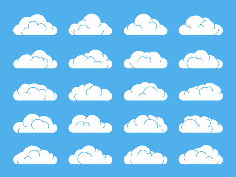 Set of isolated flat vector white clouds icons on a vibrant blue background, simple fluffy cloud silhouettes for weather forecasting apps, sky scrapbooks, creative graphic design elements for digital 