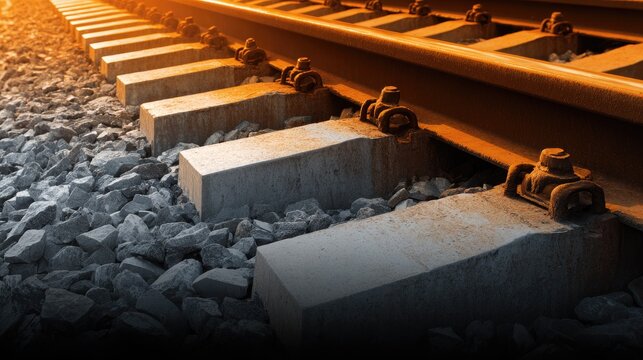 Close up of railway tracks with concrete sleepers and metal fixtures