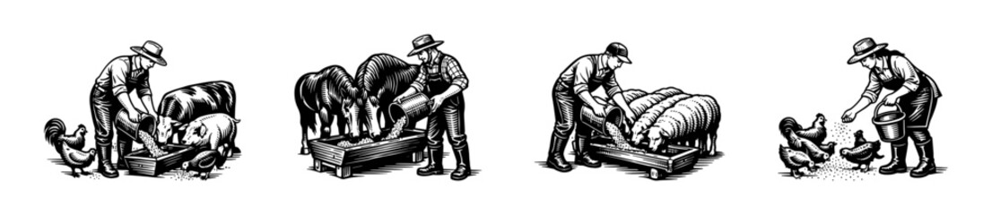 Fototapeta premium Farmers feeding livestock black and white vector illustration, farm animals, silhouette style
