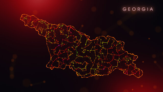 A creative cartography design featuring the Georgia country border in a colorful plexus style. Glowing red and orange dots and lines represent digital technology and business communication.