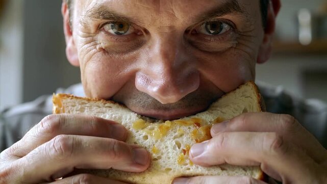 Male enjoying a sandwich with visible fillings, preparing to take a bite, displaying anticipation and focus in a bright kitchen setting with soft lighting