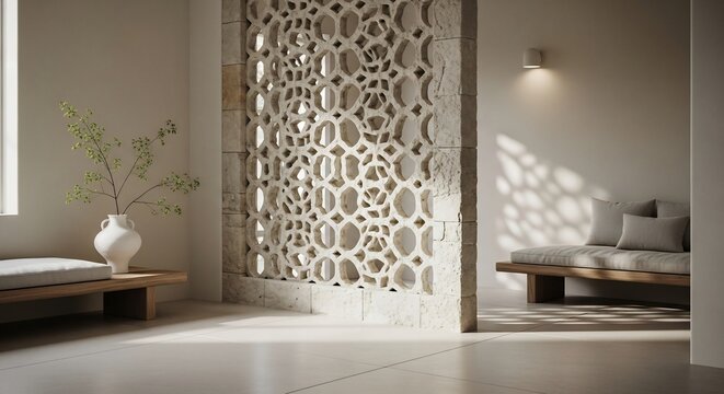 Modern Interior Design with Decorative Screen and Natural Light.