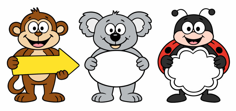 Set of three funny cartoon animals holding empty signboards, including monkey, koala, and ladybug. Friendly vector collection for announcements, labels, education, and kids design.