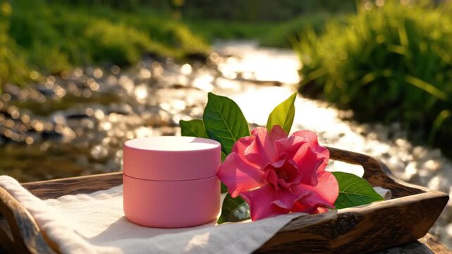 A vibrant pink cosmetic jar is elegantly displayed on a rustic wooden tray, nestled amongst a soft white linen cloth and accompanied by a beautiful, blooming pink flower and fresh green leaves. The se