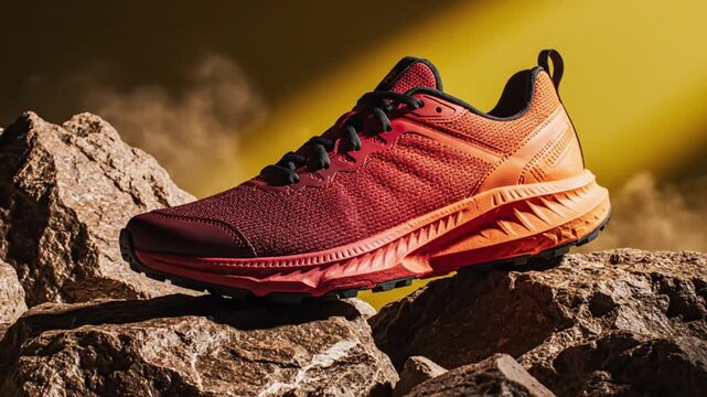 A vibrant red and orange athletic shoe, meticulously designed for outdoor performance, is showcased on a collection of rugged, textured rocks. The sophisticated details of its durable mesh upper, robu