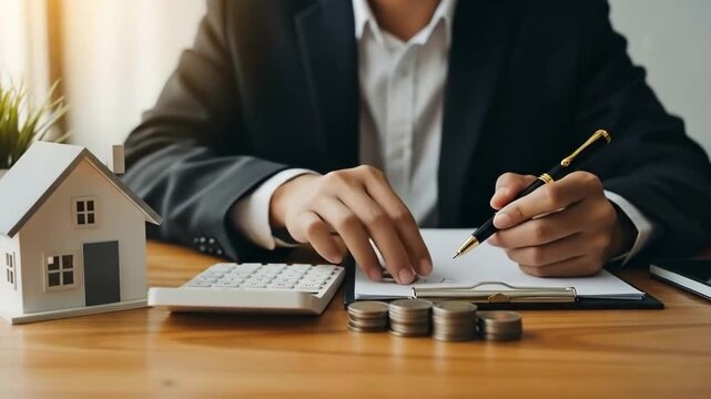 A businesswoman prepares to buy a house by calculating costs on a desk with a model home nearby