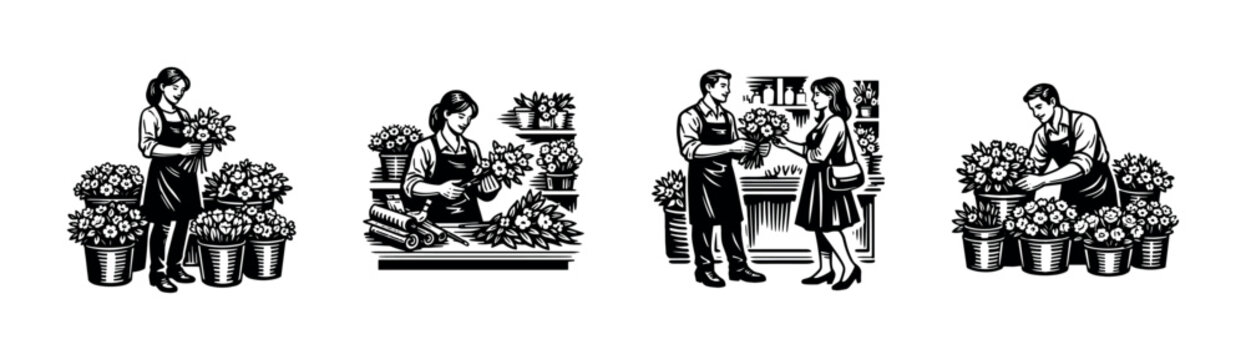 Black and white vector illustration of florists arranging and selling floral bouquets