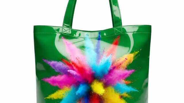 A vibrant green tote bag with a colorful flower design on a white background for a