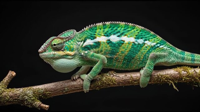 A vibrant green chameleon perches on a mossy branch in a serene natural setting