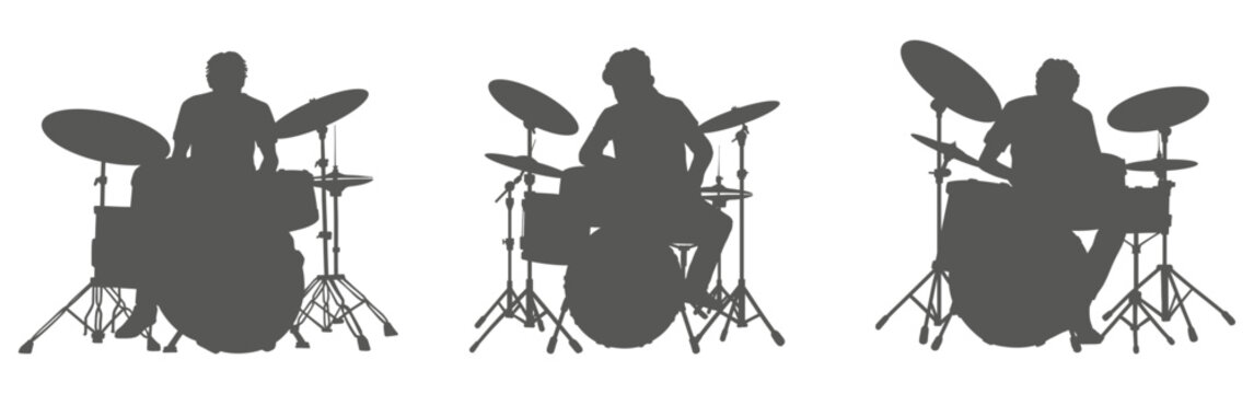 Drummer silhouette set playing drum kit &ndash; musician band performance illustration