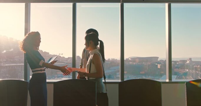 Business, sunshine or people in boardroom with handshake, greeting or meeting for b2b deal. Networking, flare or employees in office with introduction, agreement or opportunity for partnership.
