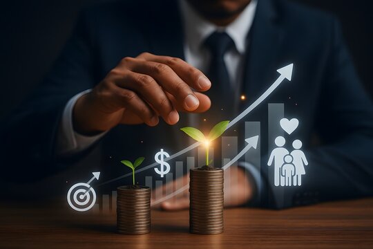 Businessman gestures over growing plants on coin stacks, with financial growth indicators and family protection icons symbolizing future investment and wealth.