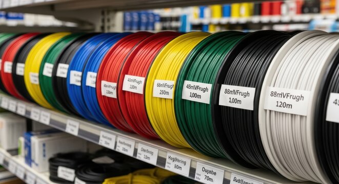 Colorful Electrical Wires Spools on Shelves In Store Ready For Sale