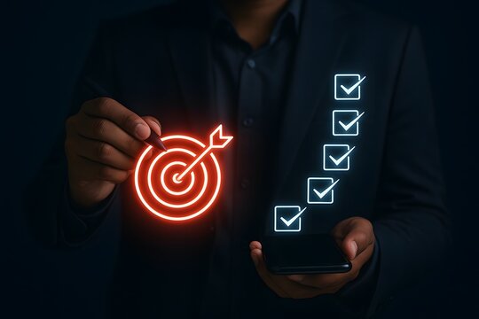 Person uses a glowing pen to point at a red target icon, holding a smartphone displaying a digital checklist with check marks.