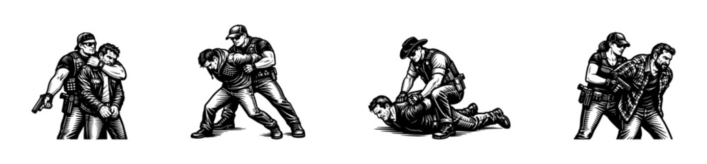 Fototapeta premium Law enforcement vector illustrations showing arrest and detainment scenarios in black and white