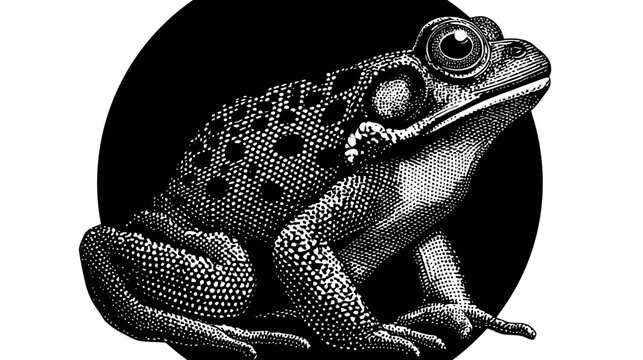 Intricate black and white illustration of a frog against a dark background circle