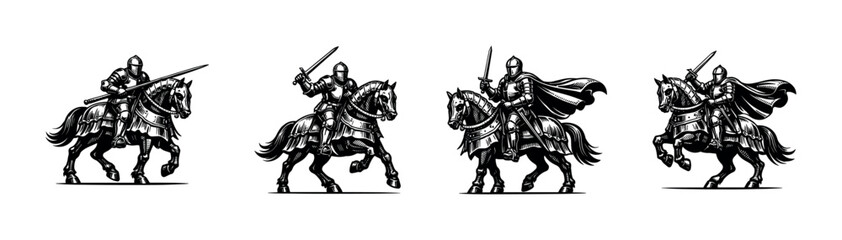 Fototapeta premium Medieval knights on horseback black and white silhouette vector illustration
