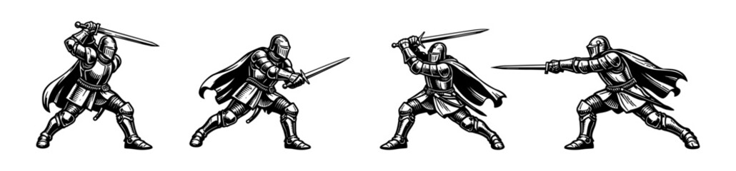 Obraz premium Medieval knights in combat positions, vector illustration, black and white silhouette of warriors with swords