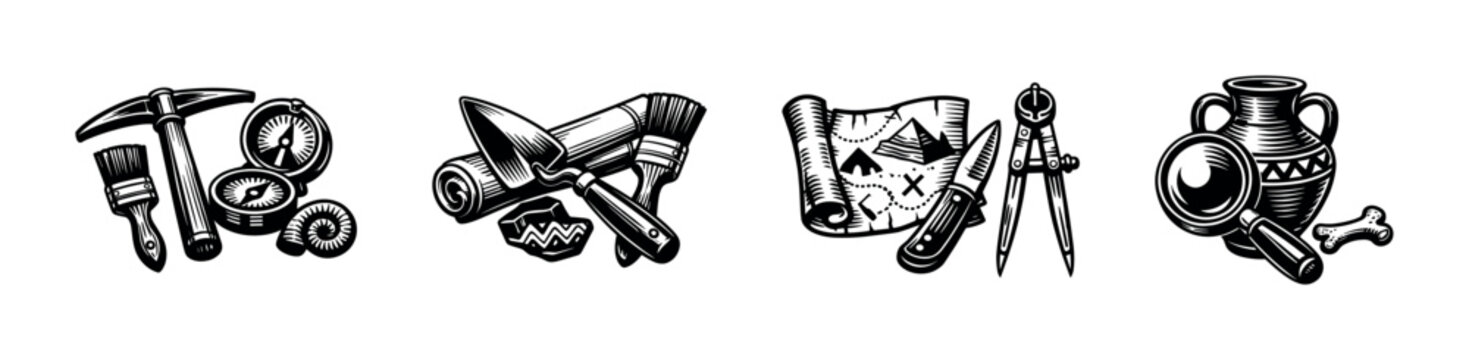 Black and white vector illustrations of archaeological tools and artifacts