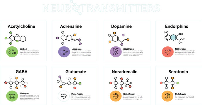 Neurotransmitters Infographic Chart with Chemical Structures of Dopamine Serotonin Adrenaline GABA and Brain Chemistry Elements