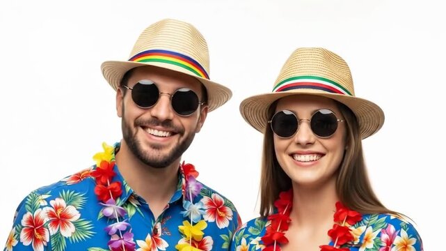 A young couple wearing colorful Hawaiian shirts and leis in a fun