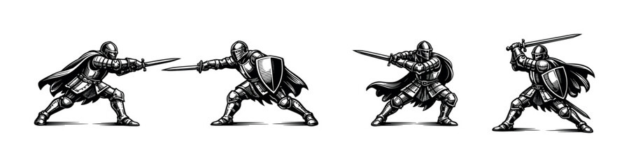 Obraz premium Medieval knights in armor, black and white silhouette, sword fighting poses, illustration vector