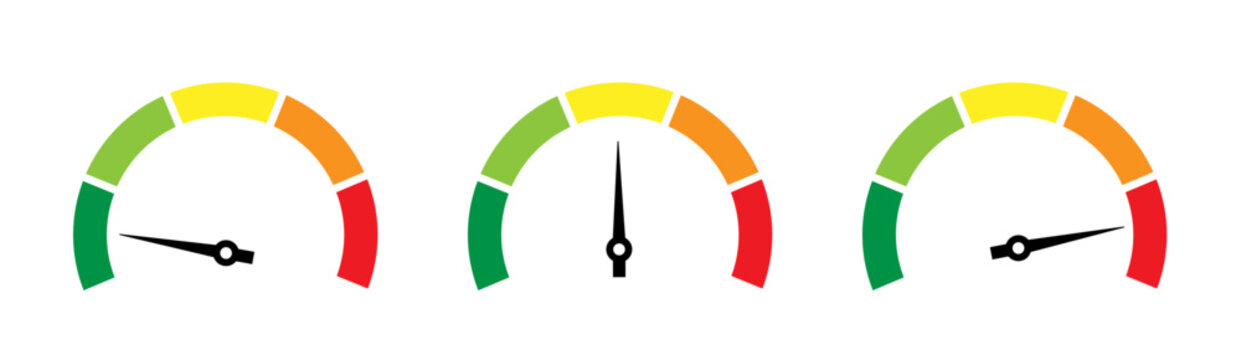 Speedometer icon set. Set of gauges from low to high. Risk meter icon set. Risk concept on speedometer. Set of gauges from low to high.  Vector illustration.