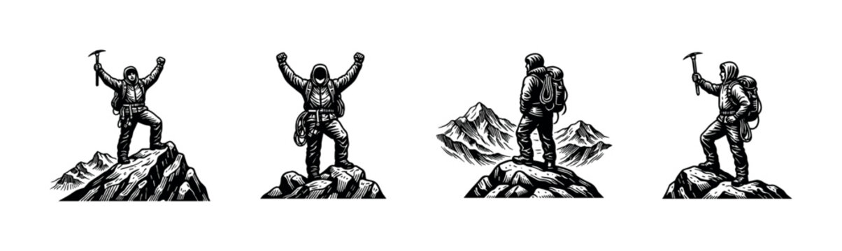 Black and white vector illustration of mountaineers on peaks with ice axes silhouette