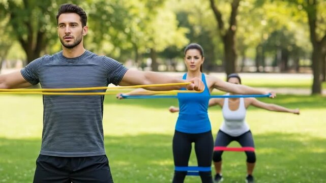 Three people exercising with resistance bands in a park on a sunny day