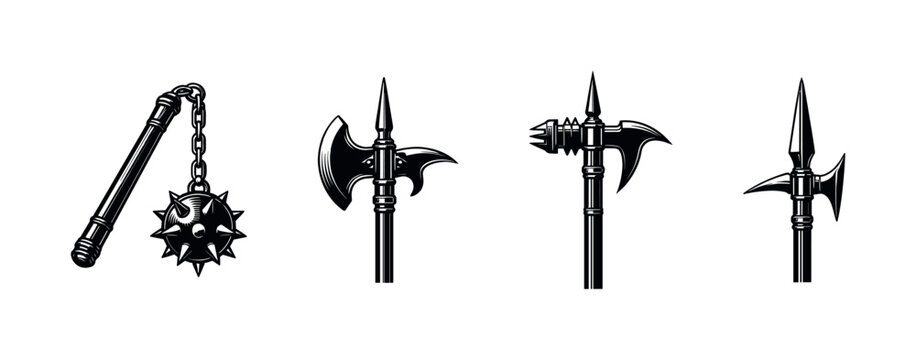 Medieval weapon collection illustration featuring mace and axes in black and white vector style