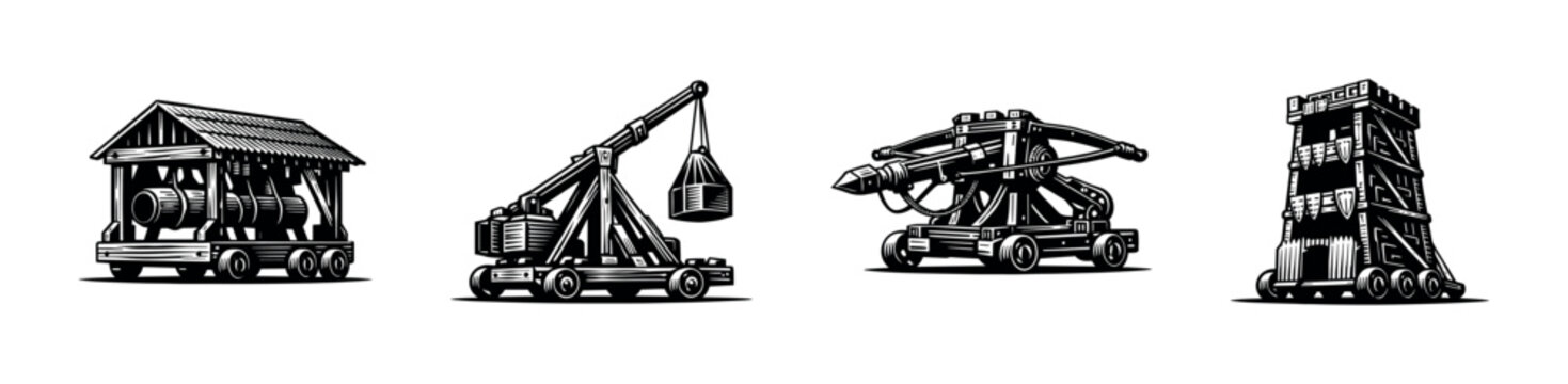 Medieval siege weapons illustrations, black and white vector silhouette elements