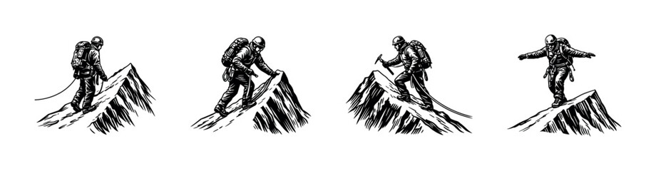 Naklejka premium Black and white mountaineers silhouette on mountain peaks vector illustration