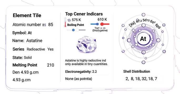 Astatine Element Infographic with Atomic Number 85, Electron Shell Distribution, Radioactive Properties, and Periodic Table Information