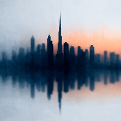 Obraz premium A misty city skyline at sunset with a prominent tall skyscraper reflected on calm water, blending warm and cool tones.