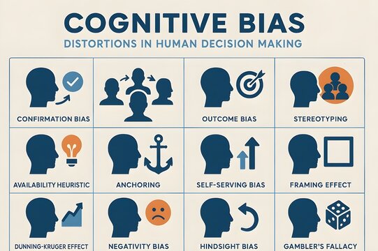 Cognitive Bias Infographic Showing Distortions in Human Decision Making with Icons for Confirmation Bias, Anchoring, and Hindsight Bias