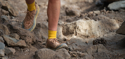 Walking or running exercise legs on rocky footpath in bright forest achievement fitness adventure and exercising in spring or summer nature motivation and inspirational activity