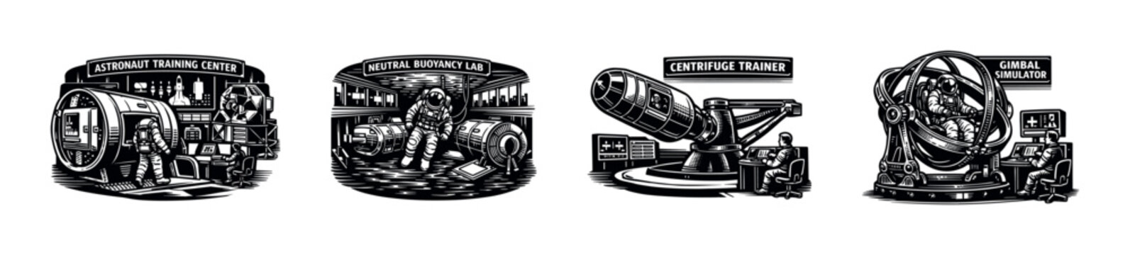 Vintage space training facility illustrations, astronaut training center, retro vector silhouette art