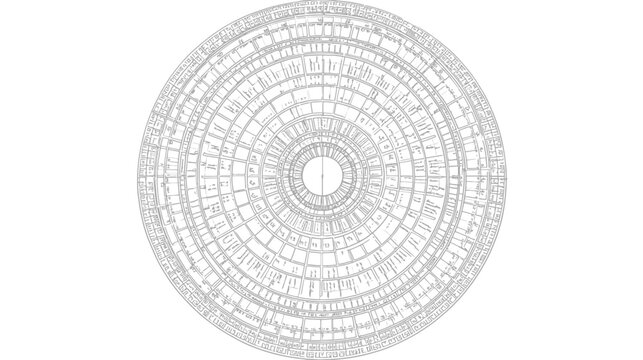 A detailed circular drawing with complex concentric rings, resembling an intricate compass or map