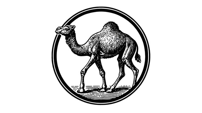 A black and white illustration of a dromedary camel within a circular border