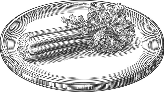 Intricate, hand-drawn black and white illustration of celery on an oval plate