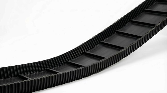 Flexible, reinforced black rubber track featuring deep grooves and internal cleats for durable power transmission.