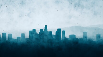 Fototapeta premium A misty city skyline silhouette with tall buildings against a foggy, textured blue-gray background.