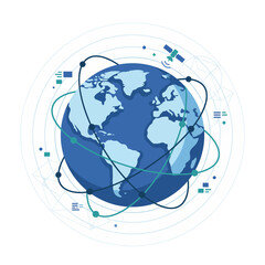 This sophisticated illustration depicts a stylized globe surrounded by satellite orbits, capturing the essence of global connectivity, technology, and interconnectedness in our modern world. © june