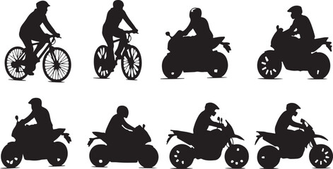 Fototapeta premium Collection of bicycle and motorcycle silhouettes with riders in various poses and actions 