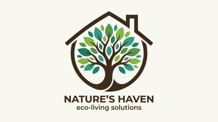 Obraz premium A harmonious logo combining a house silhouette with a large tree, illustrating a commitment to eco-friendly living and promoting sustainable and green solutions for modern homes.